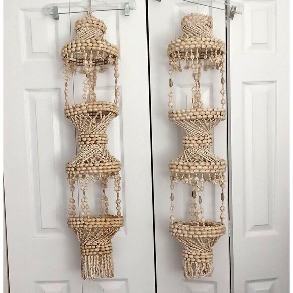 Lot Of 2 Vintage Hanging Planter Sea Shell 2 Tiered Plant Holder 42” Tall - Picture 1 of 11
